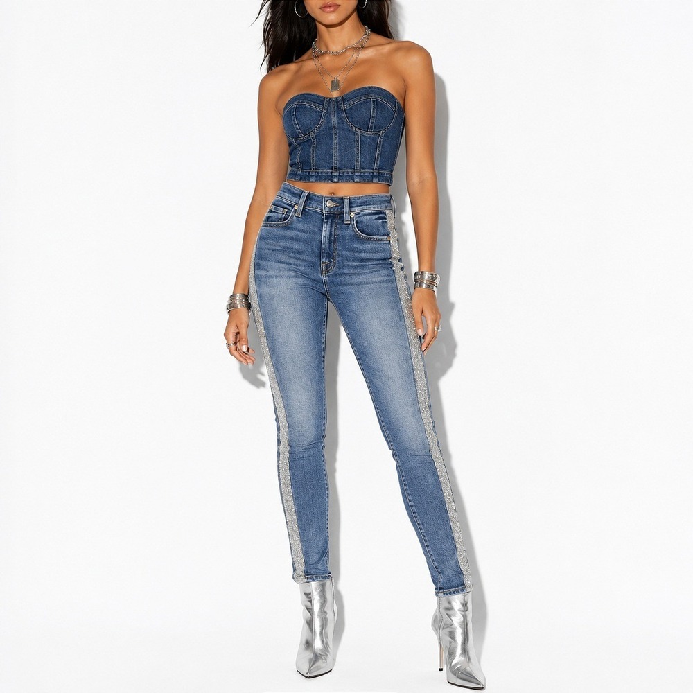 Y2k 7FAMK Denim Jeans Womens 25 Silver Stripe Mid Waist Cropped Skinny